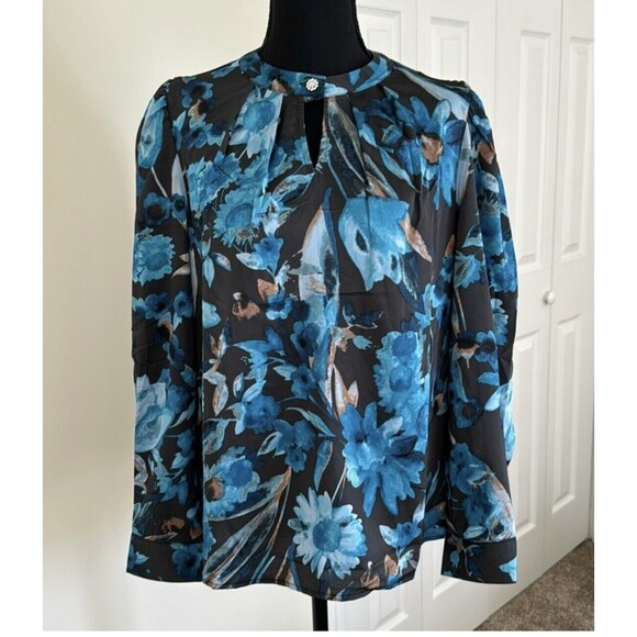 Cupio Blush Blue Multicolor Floral Print Long Sleeve Women’s Blouse Size Small - Picture 1 of 16